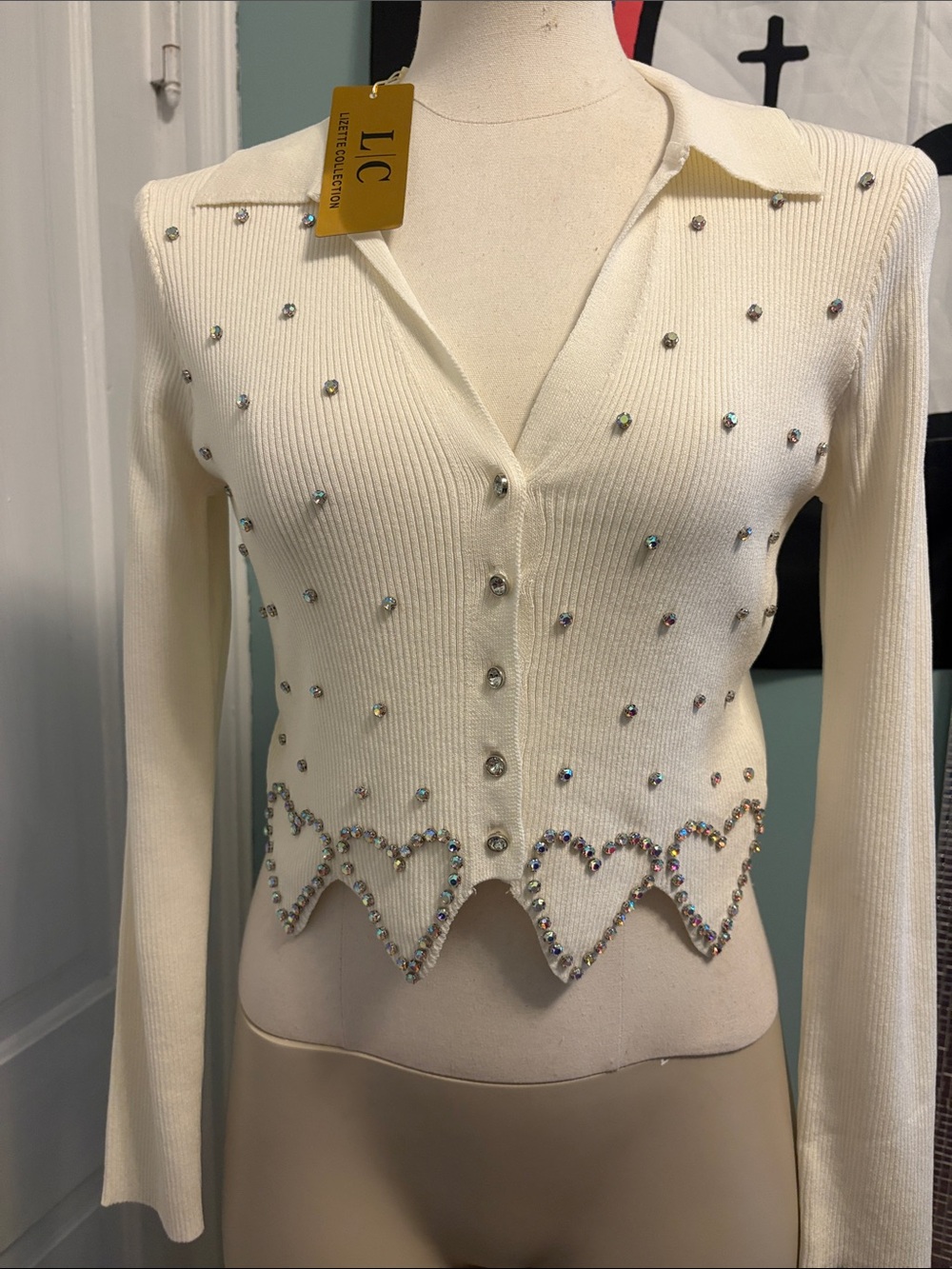 LC by Lirette Collection Cream Crystal-Embellished Cropped Cardigan